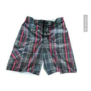 Hawk Swim Trunks Mens Large Red Black Plaid  Board Shorts Surf Swimming‎